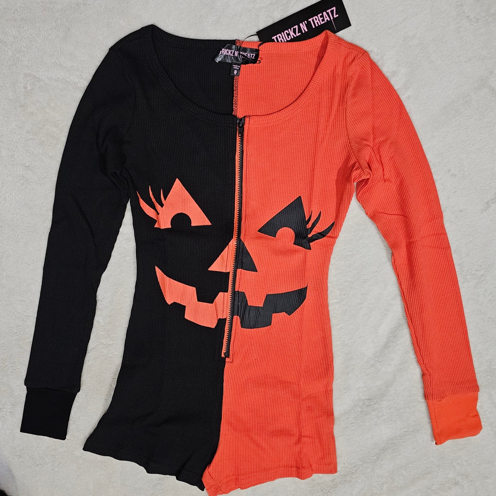 Pumpkin Face Long Sleeve Romper | Black and Orange Stretchy Waffle Knit Cotton - Trickz N Treatz - Romper