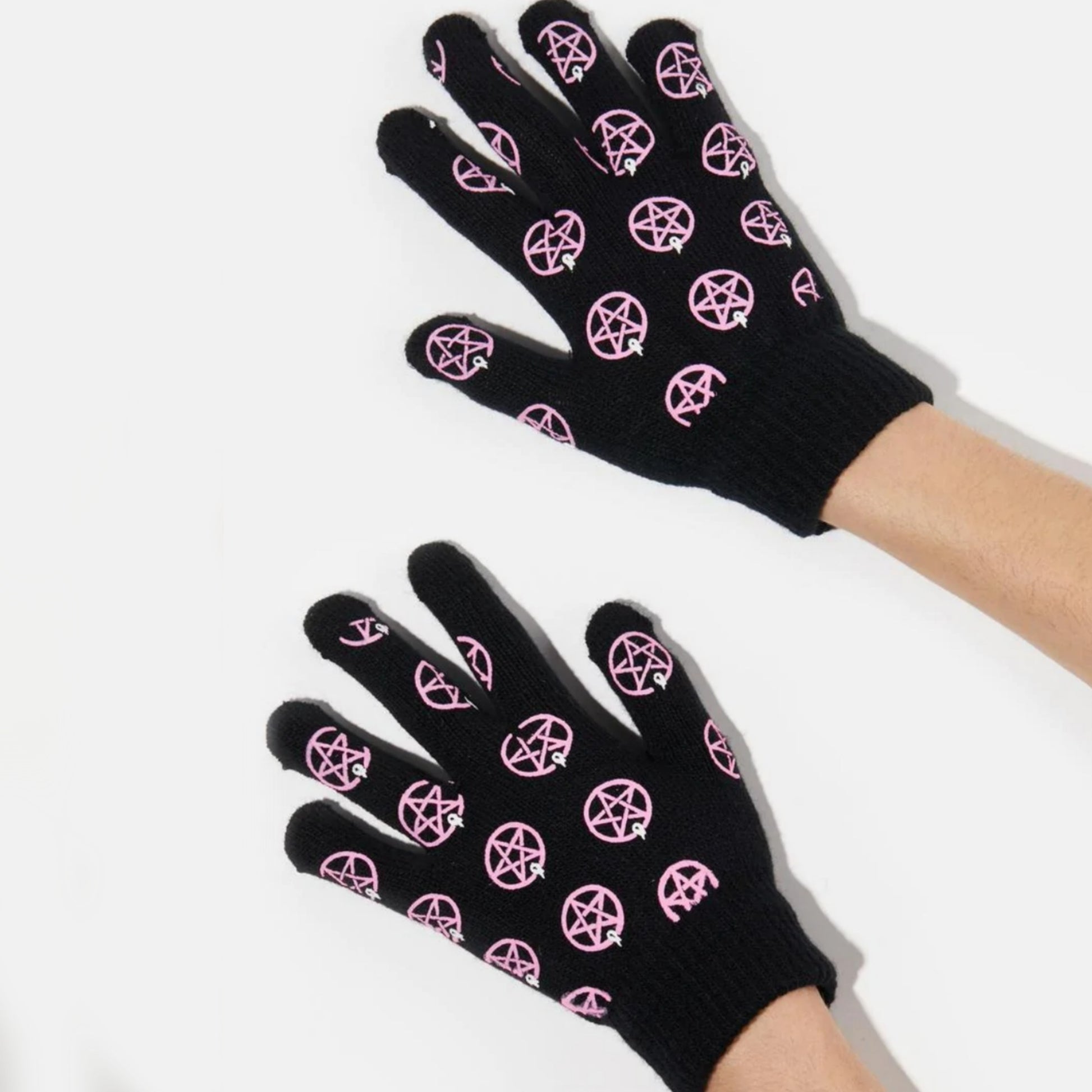 Pentagram Knit Gloves | Black Pink Knit Ribbed Cuffs - Too Fast - Gloves