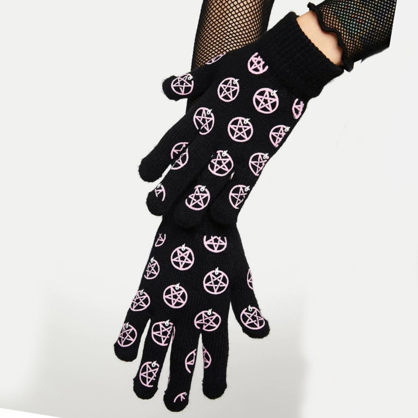 Pentagram Knit Gloves | Black Pink Knit Ribbed Cuffs - Too Fast - Gloves