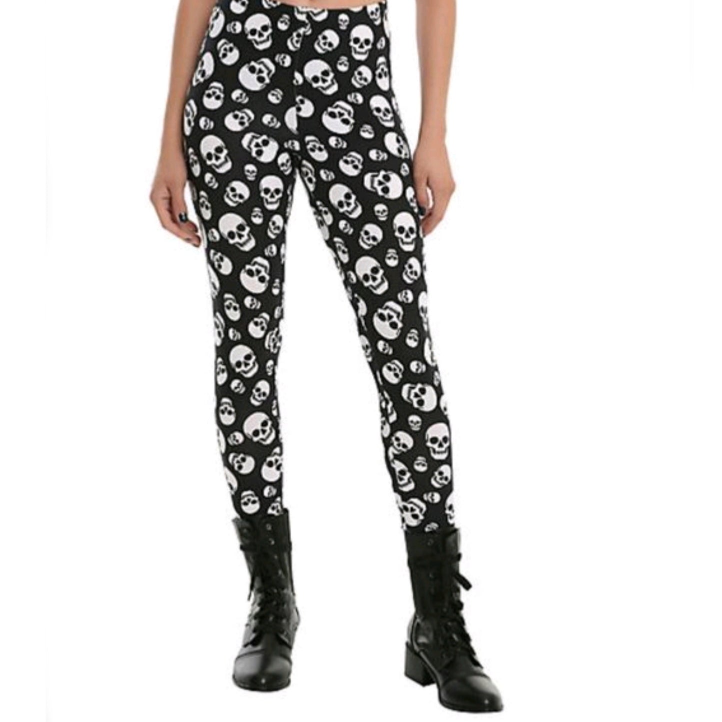 White Skulls Leggings | Black Cotton Mid Rise Super Soft Breathable - Blackheart - Leggings