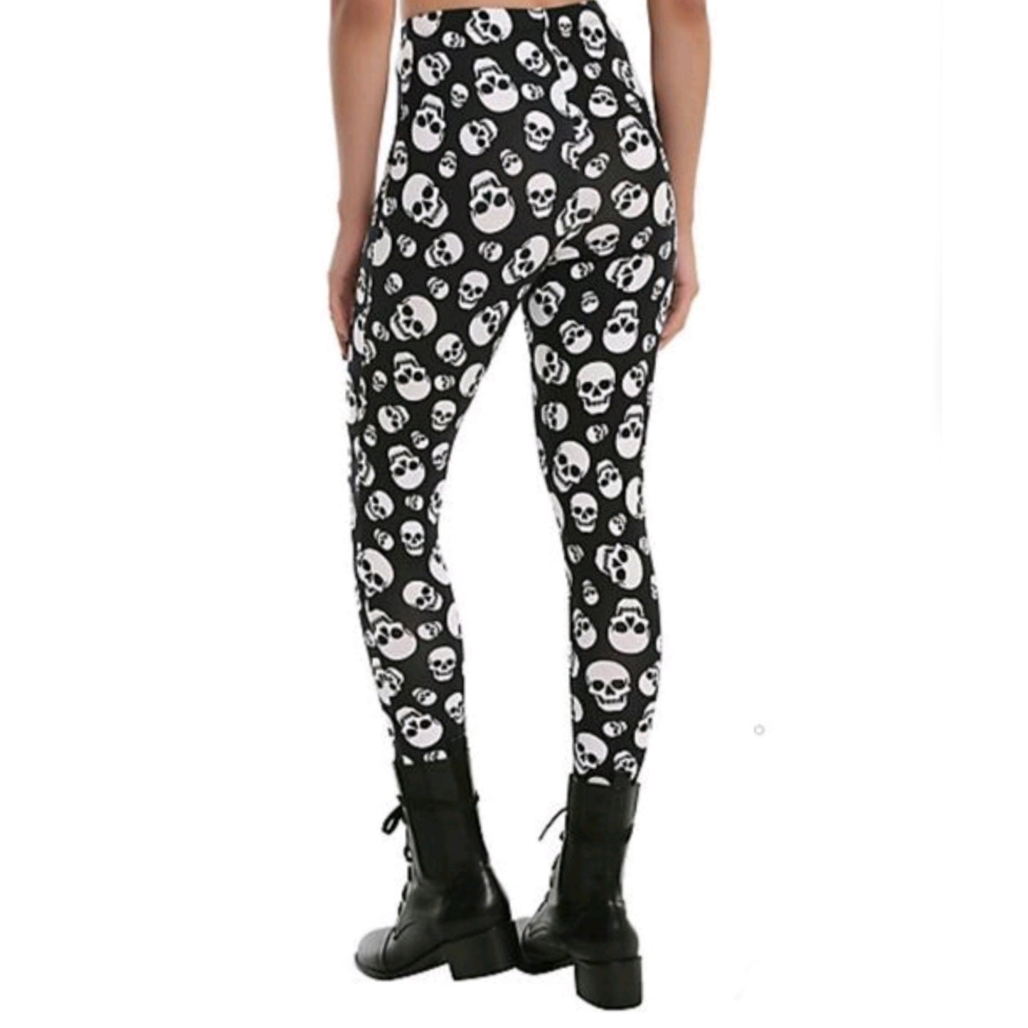 White Skulls Leggings | Black Cotton Mid Rise Super Soft Breathable - Blackheart - Leggings