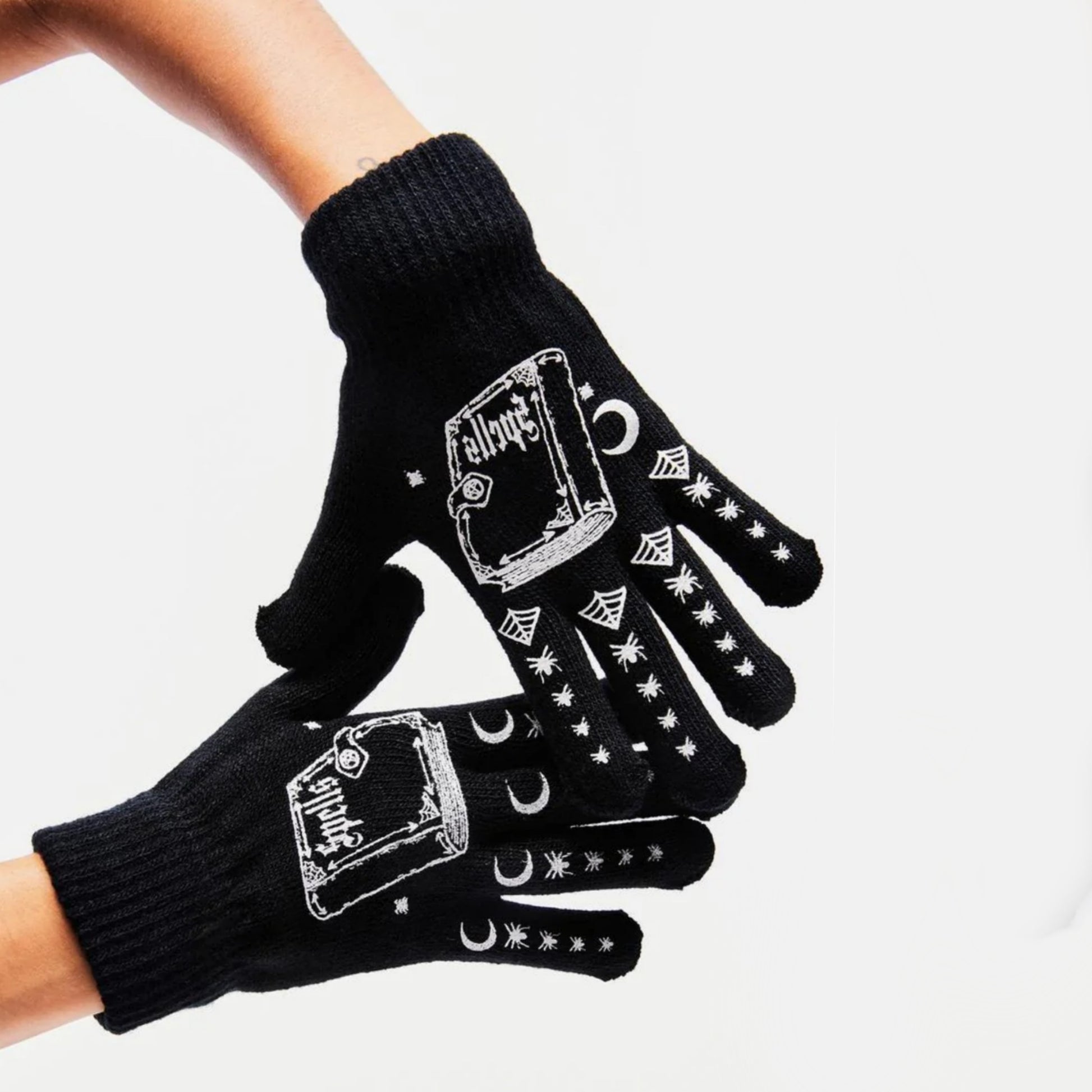 Spell Book Gloves | Black White Waffle Knit Spider Graphic - Too Fast - Gloves