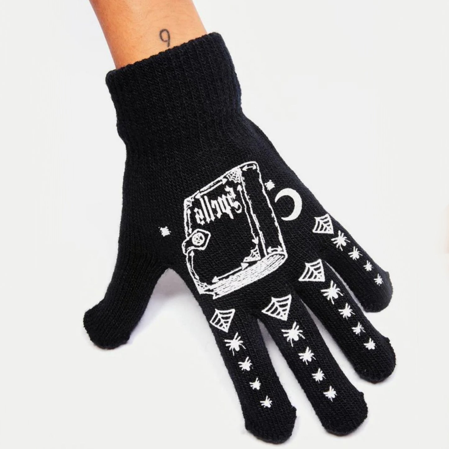 Spell Book Gloves | Black White Waffle Knit Spider Graphic - Too Fast - Gloves