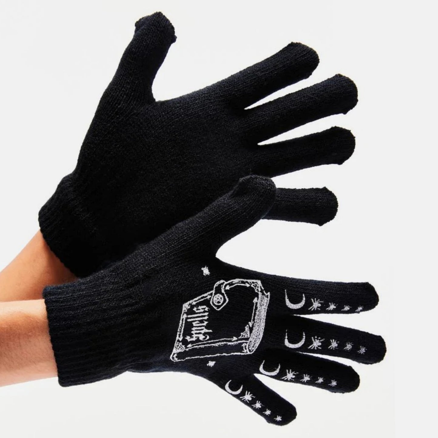 Spell Book Gloves | Black White Waffle Knit Spider Graphic - Too Fast - Gloves