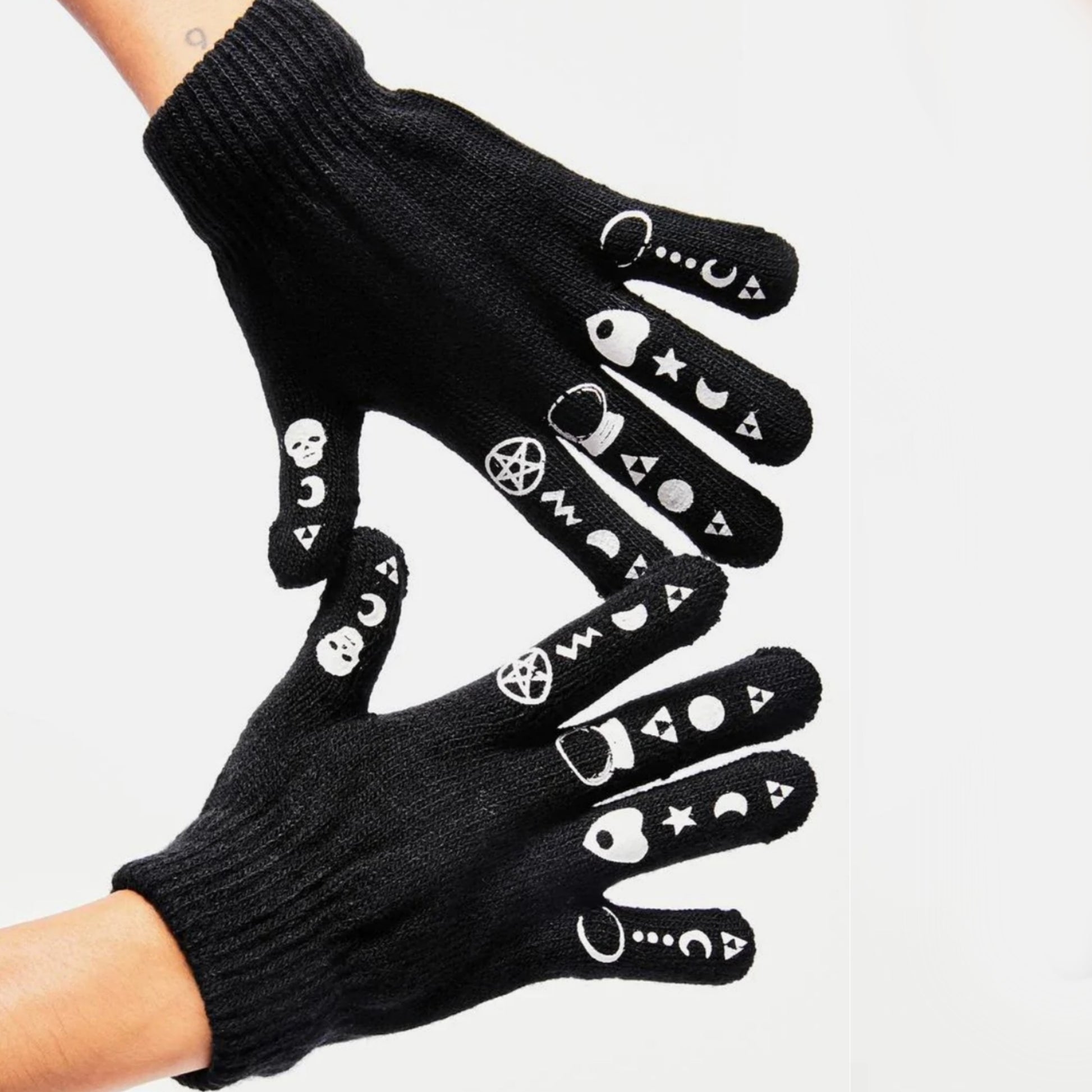 Witchy Symbols Gloves | Black White Cozy Waffle Knit - Too Fast - Gloves