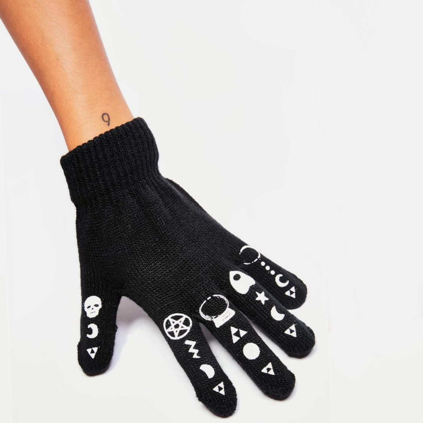 Witchy Symbols Gloves | Black White Cozy Waffle Knit - Too Fast - Gloves