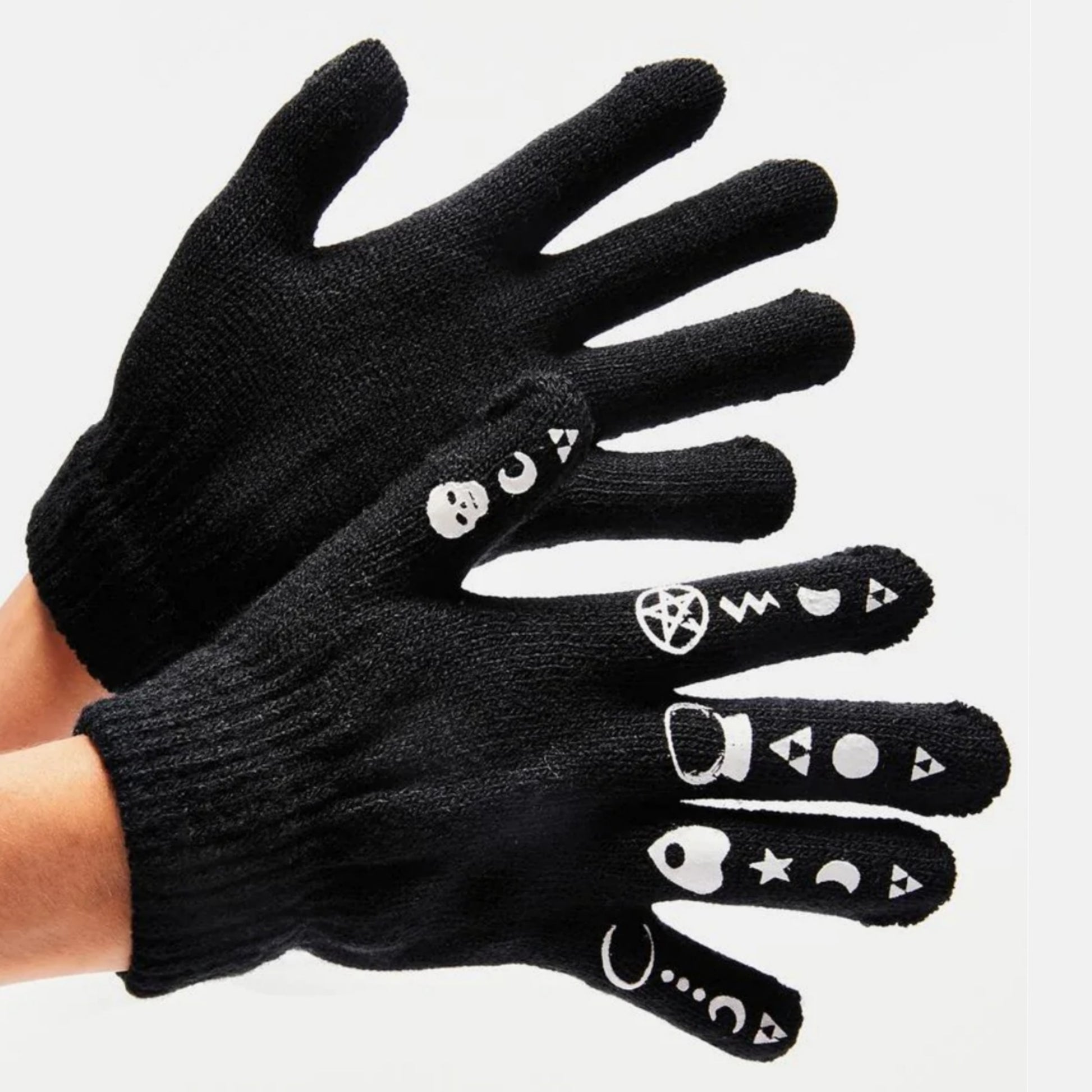 Witchy Symbols Gloves | Black White Cozy Waffle Knit - Too Fast - Gloves
