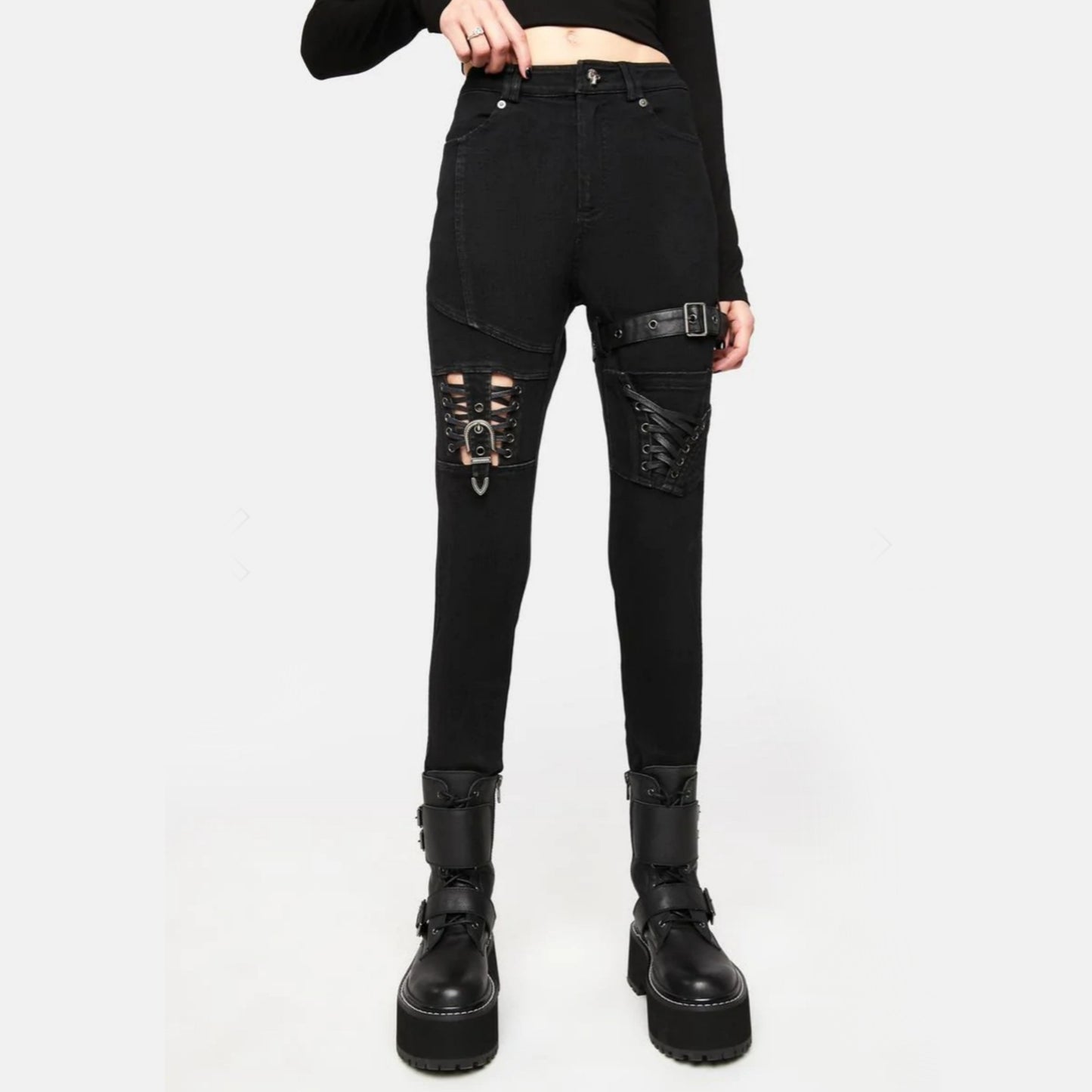 Knee Deconstructed Skinny Pants | Black High Waist Vegan Leather Strap - Punk Rave - Pants