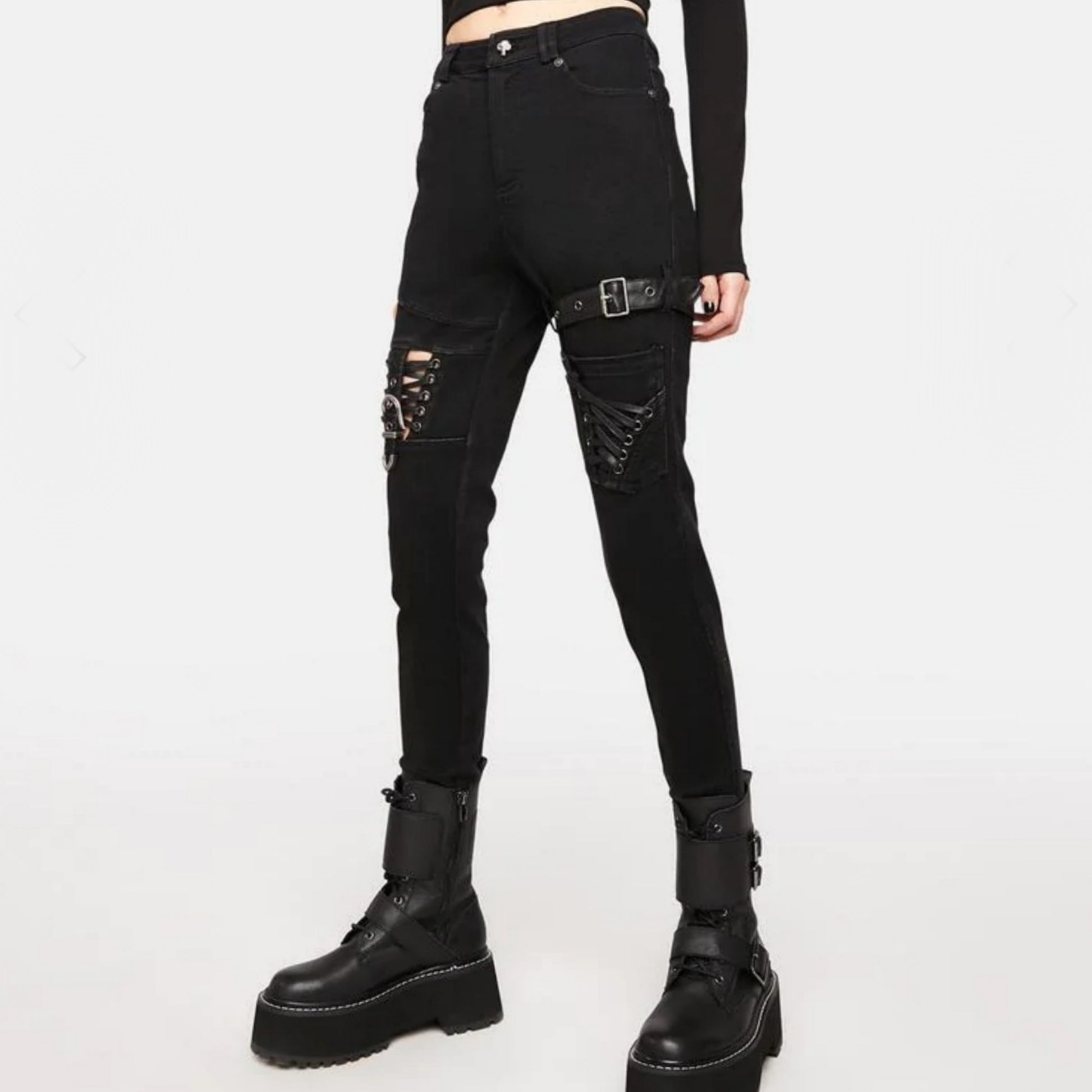 Knee Deconstructed Skinny Pants | Black High Waist Vegan Leather Strap - Punk Rave - Pants