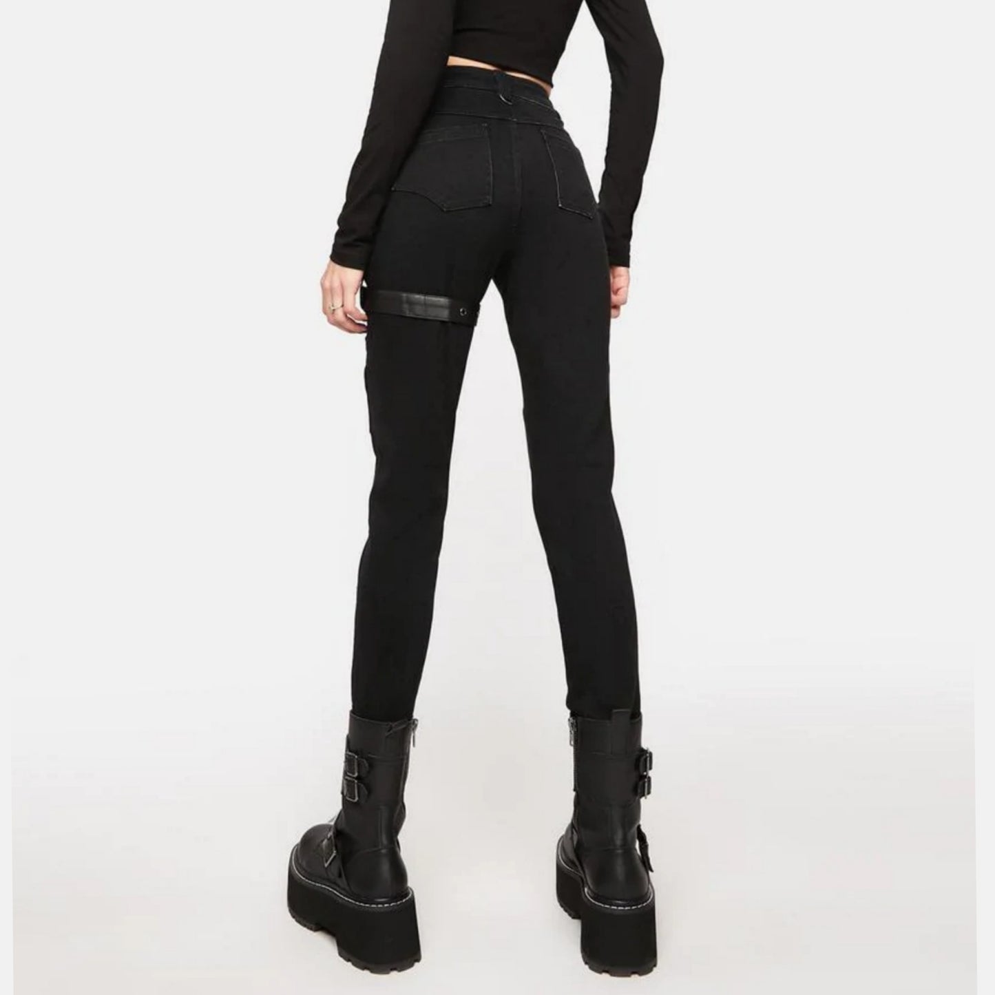 Knee Deconstructed Skinny Pants | Black High Waist Vegan Leather Strap - Punk Rave - Pants