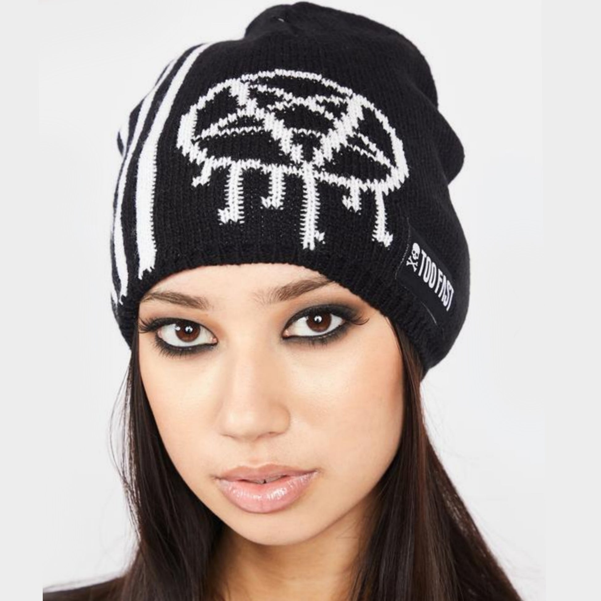 Stars and Stripes Beanie | Black Knit White Pentagram Graphic - Too Fast - Beanies