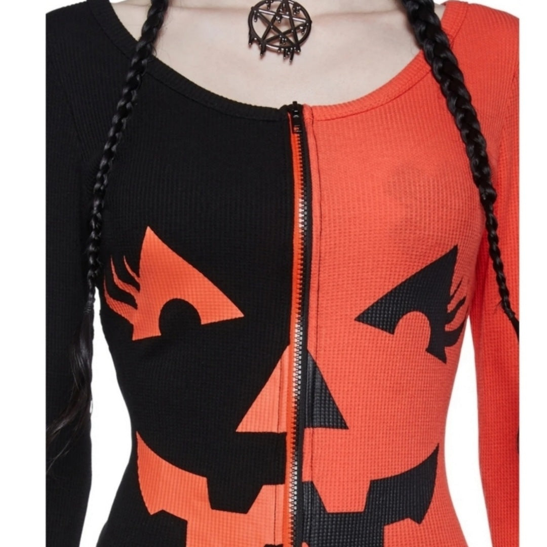 Pumpkin Face Long Sleeve Romper | Black and Orange Stretchy Waffle Knit Cotton - Trickz N Treatz - Romper