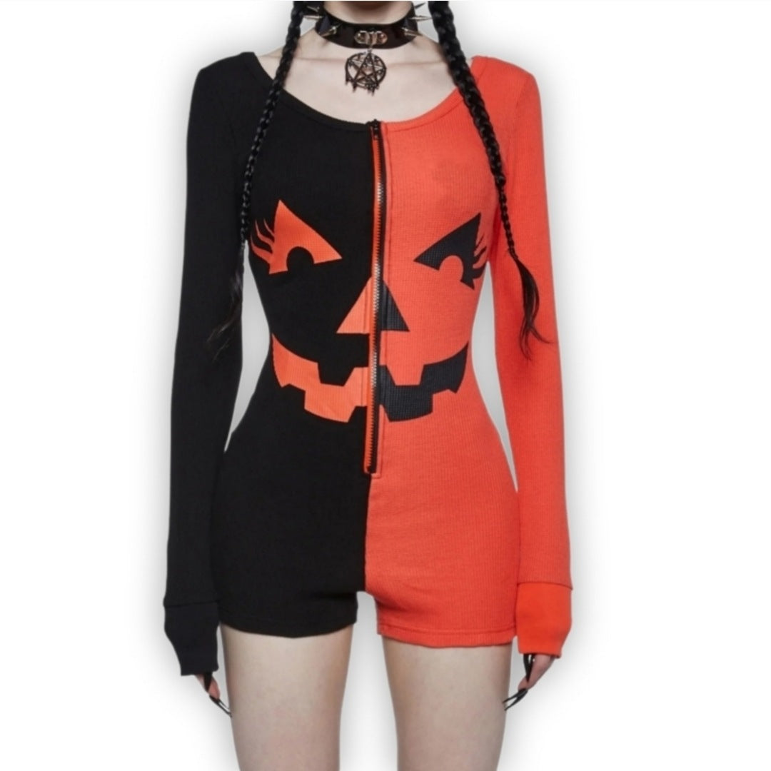 Pumpkin Face Long Sleeve Romper | Black and Orange Stretchy Waffle Knit Cotton - Trickz N Treatz - Romper