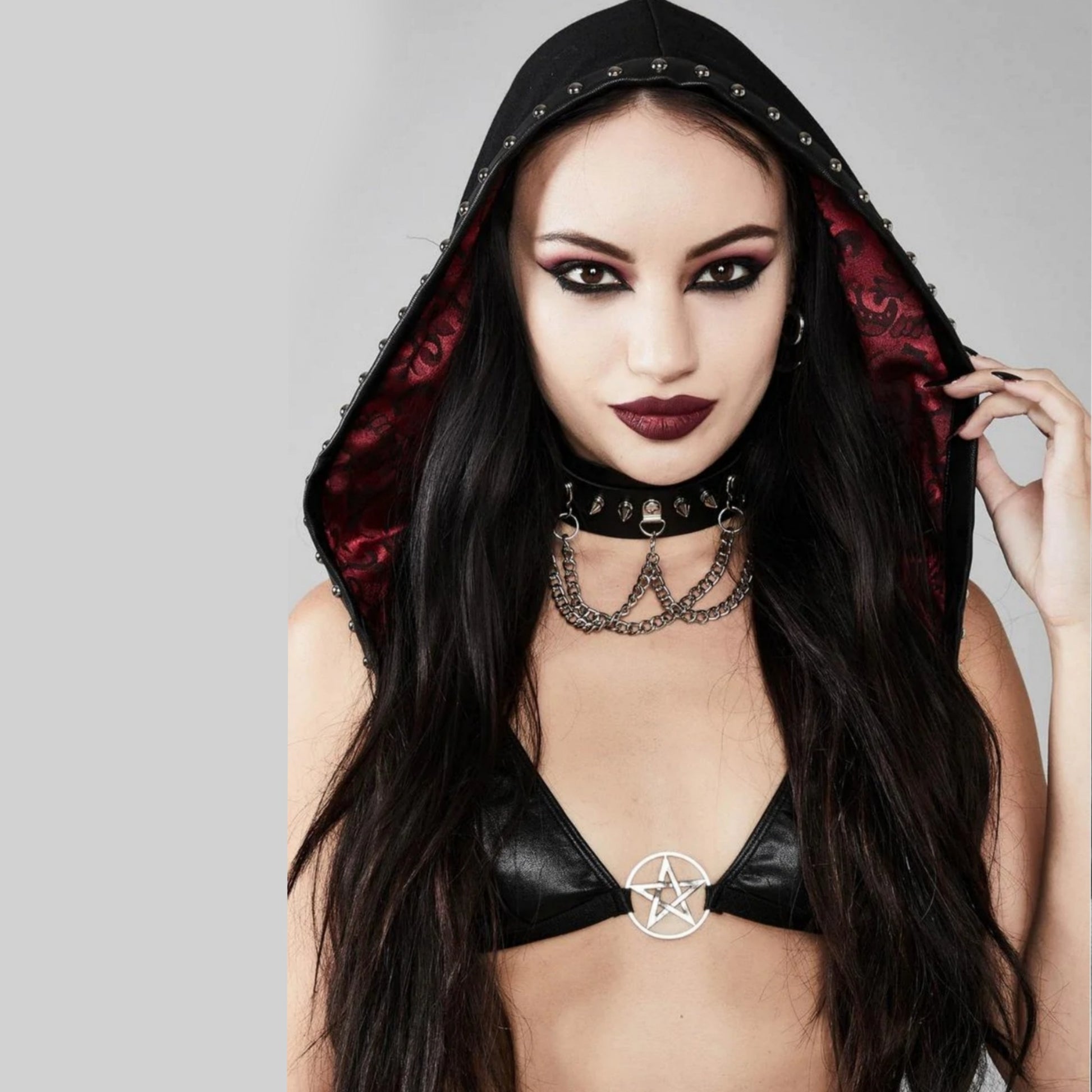 Gothic Wicked Hood | Black Silver O-Rings Chains Burgundy Design Inside - Widow - Hoods