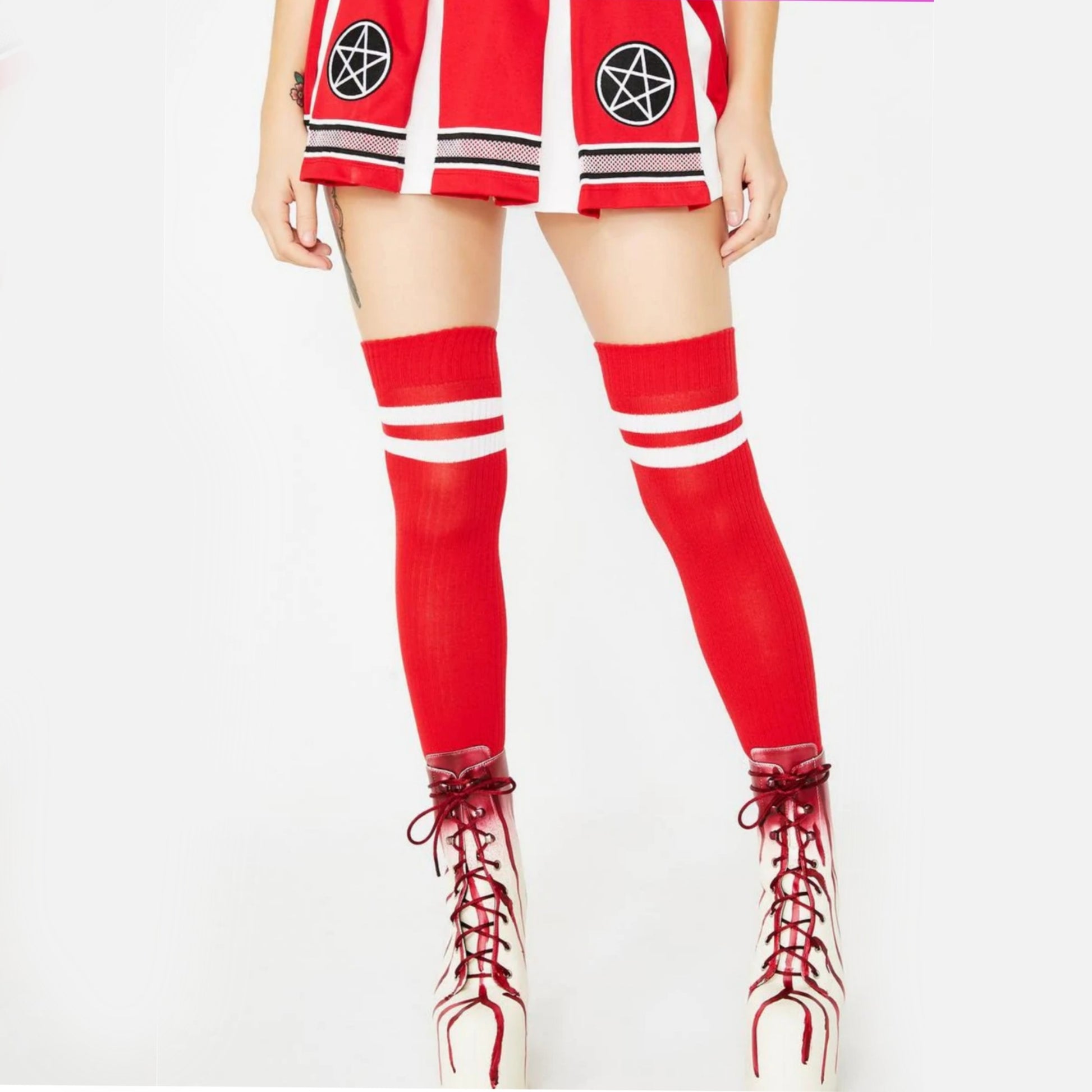 Varsity Stripe Socks | Solid Red White Stripes on Top Thigh Highs - Leg Avenue - Thigh Highs
