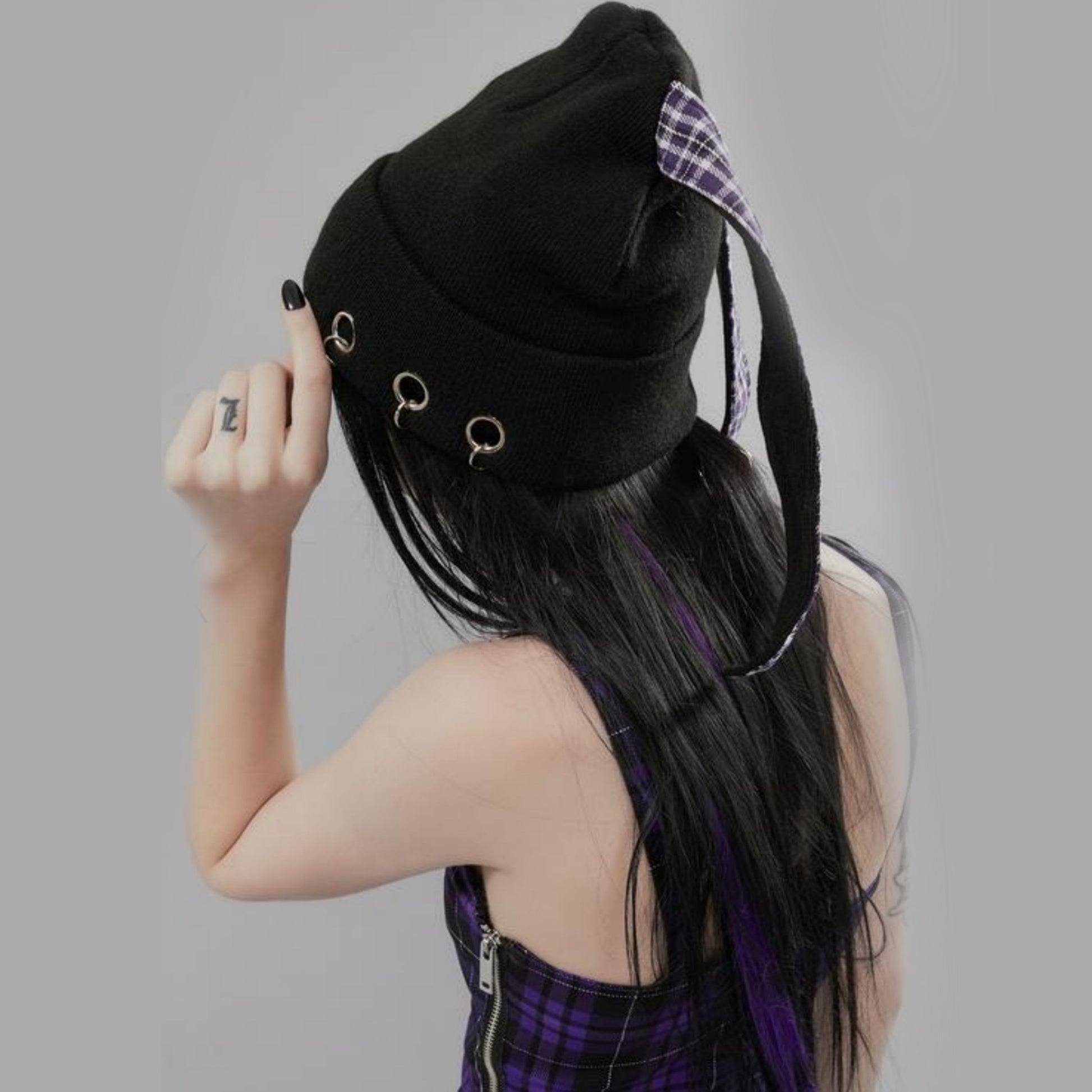 Gothic Punk Style Beanie | Black O-Rings Plaid Print Bunny Ears - Widow - Beanies