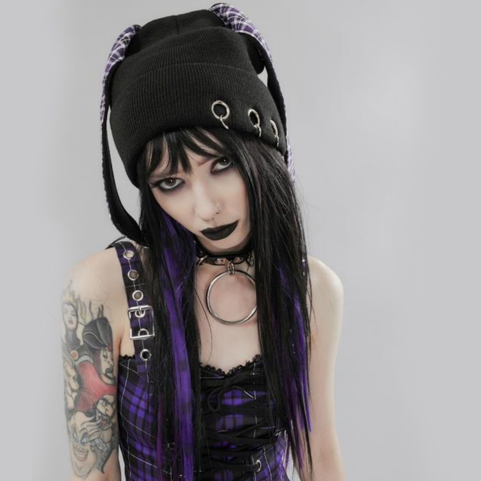 Gothic Punk Style Beanie | Black O-Rings Plaid Print Bunny Ears - Widow - Beanies