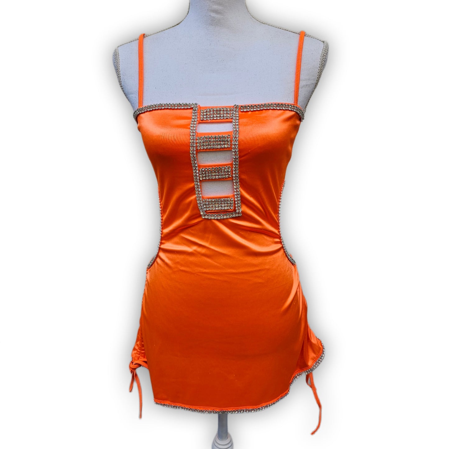Rave Wear Juicy Orange Dress | Cut-Out Rhinestone Trim Ruched Sides - Yung Reaper - Dresses