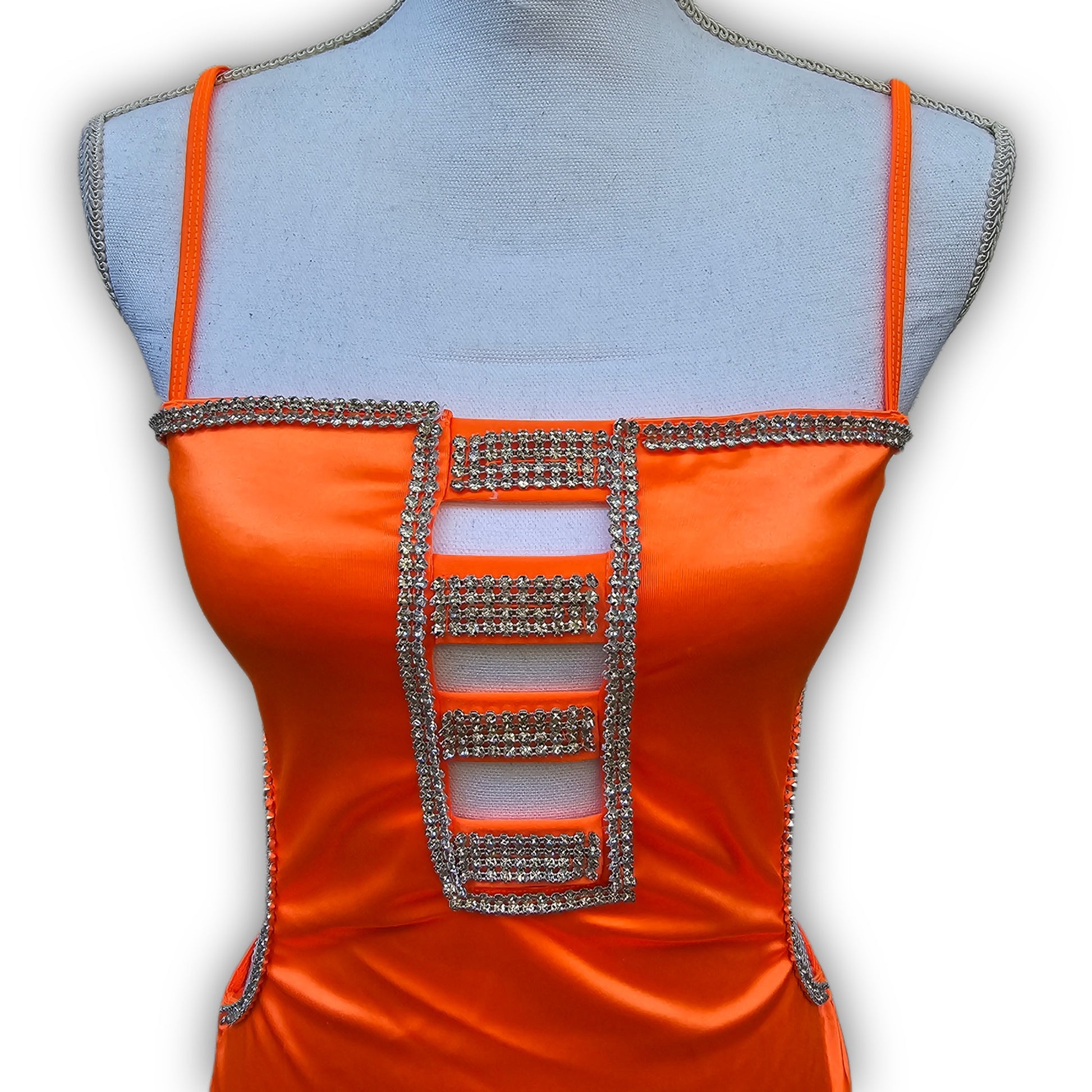 Rave Wear Juicy Orange Dress | Cut-Out Rhinestone Trim Ruched Sides - Yung Reaper - Dresses