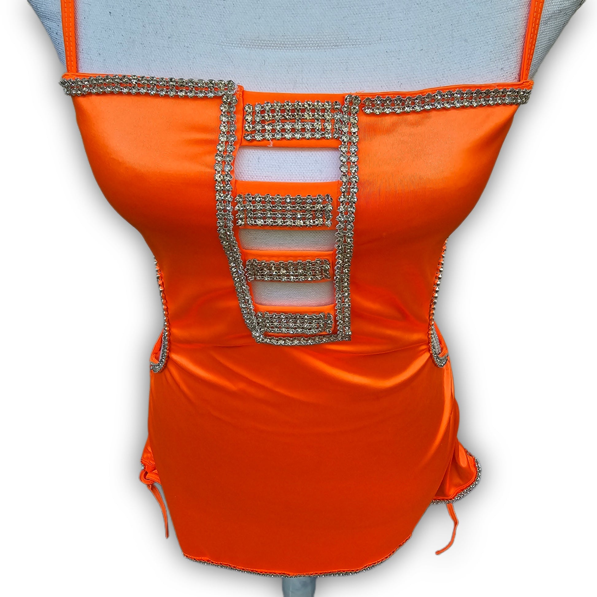 Rave Wear Juicy Orange Dress | Cut-Out Rhinestone Trim Ruched Sides - Yung Reaper - Dresses
