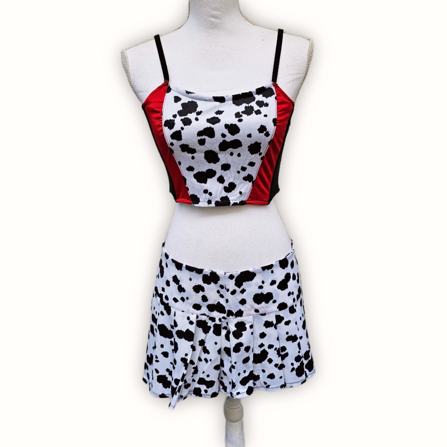 Evil Villain Costume | Cropped Striped Tank & Spotted Dalmatian Print Pleated Skirt - Trickz N Treatz - Dresses