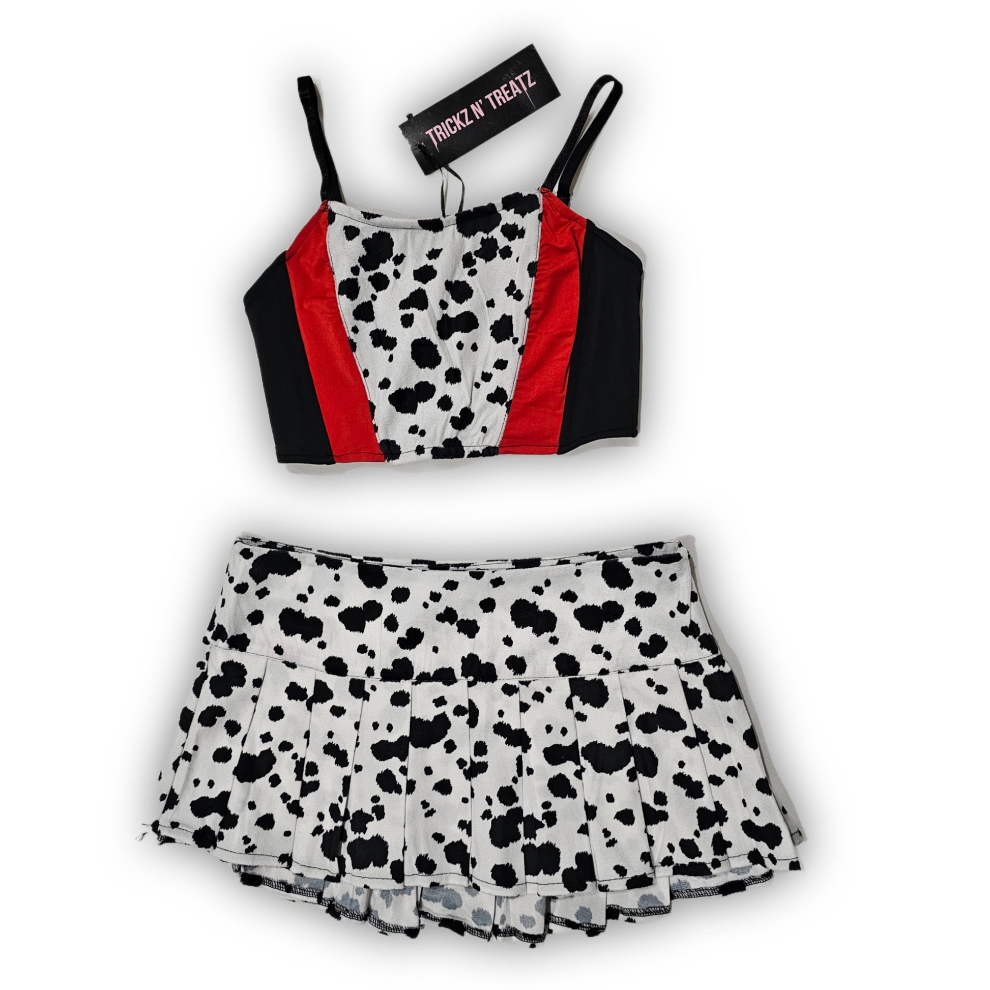 Evil Villain Costume | Cropped Striped Tank & Spotted Dalmatian Print Pleated Skirt - Trickz N Treatz - Dresses