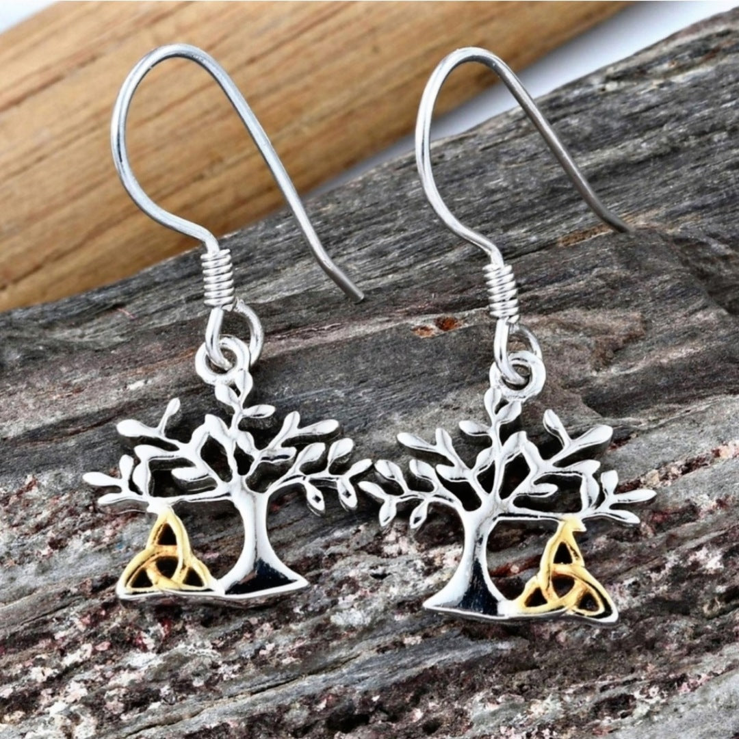 Tree of Life Dangle Earrings | Platinum Over 925S & 14k Earrings 2¾ Gram - A Gothic Universe - Earrings