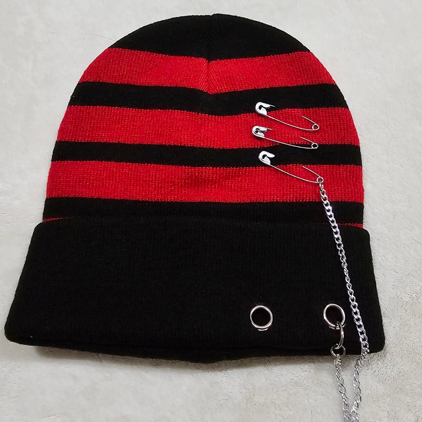 Punk Style Beanie | Black With Red Stripes Safety Pins & A Chain - Dolls Kill - Beanies