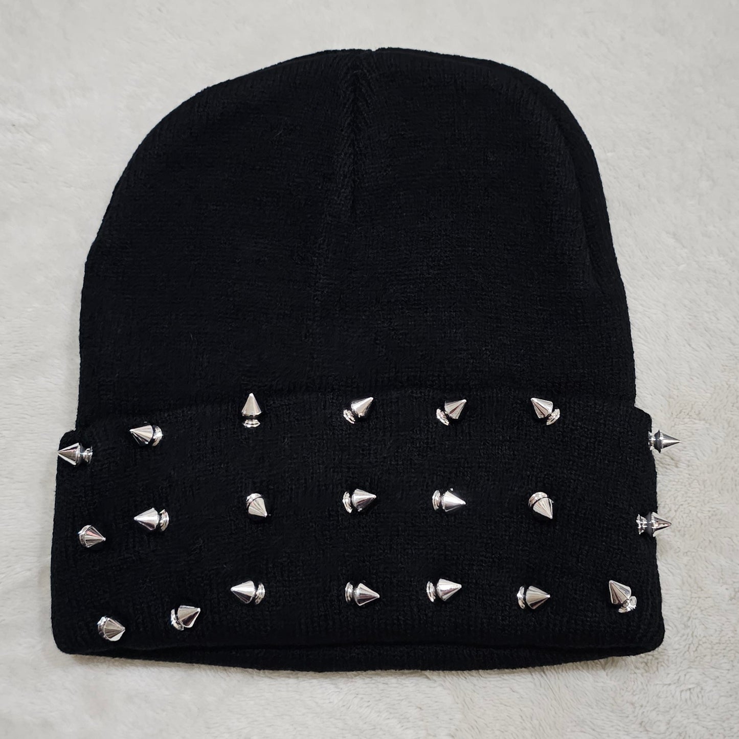 Black Ribbed Knit Beanie | Fold Over With Spiked Studs On front - Widow - Beanies