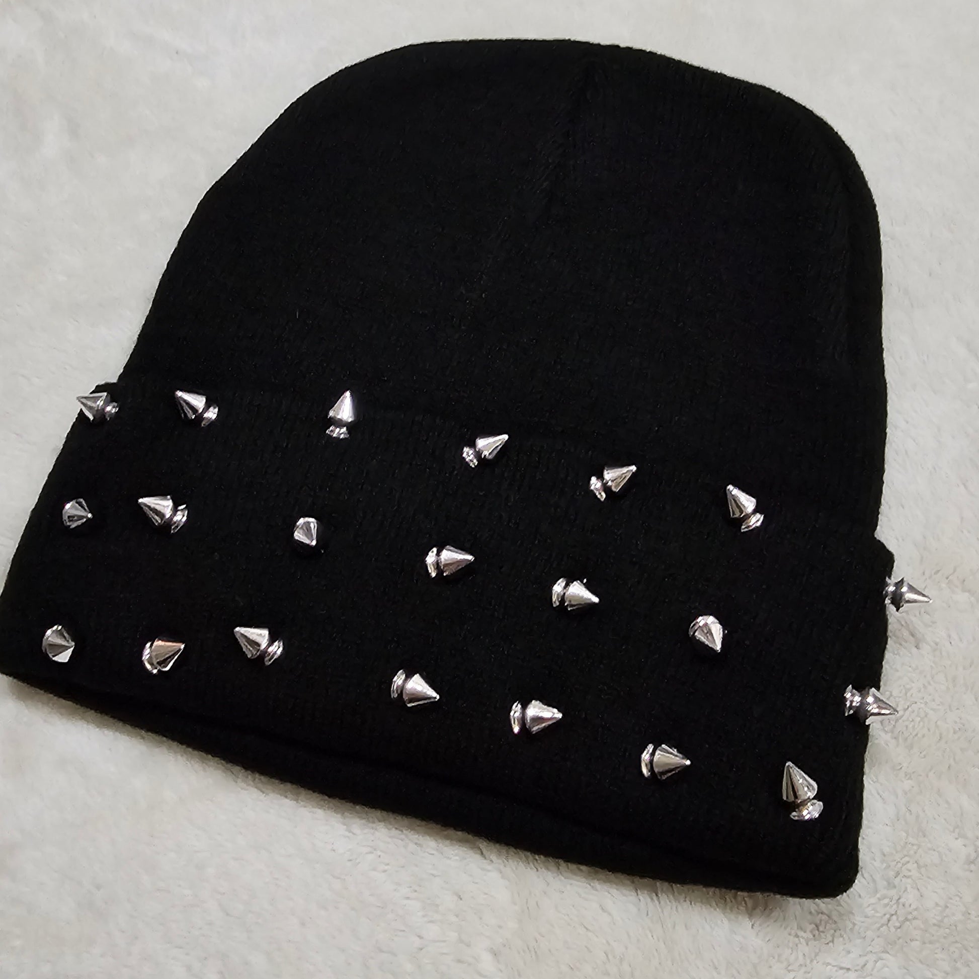 Black Ribbed Knit Beanie | Fold Over With Spiked Studs On front - Widow - Beanies
