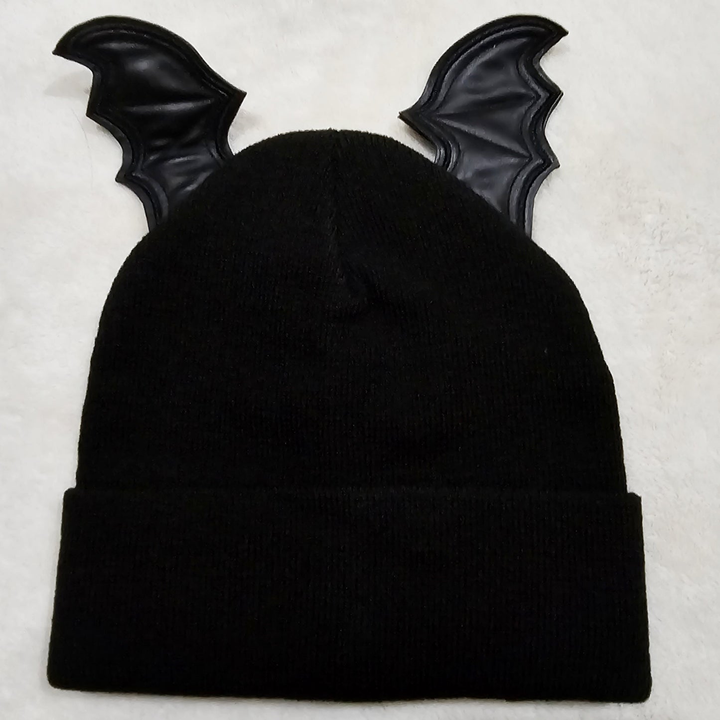 Bat Wing Beanie | Black Knit Folded Cuff Vegan Leather Wings - The Grave Girls - Beanies