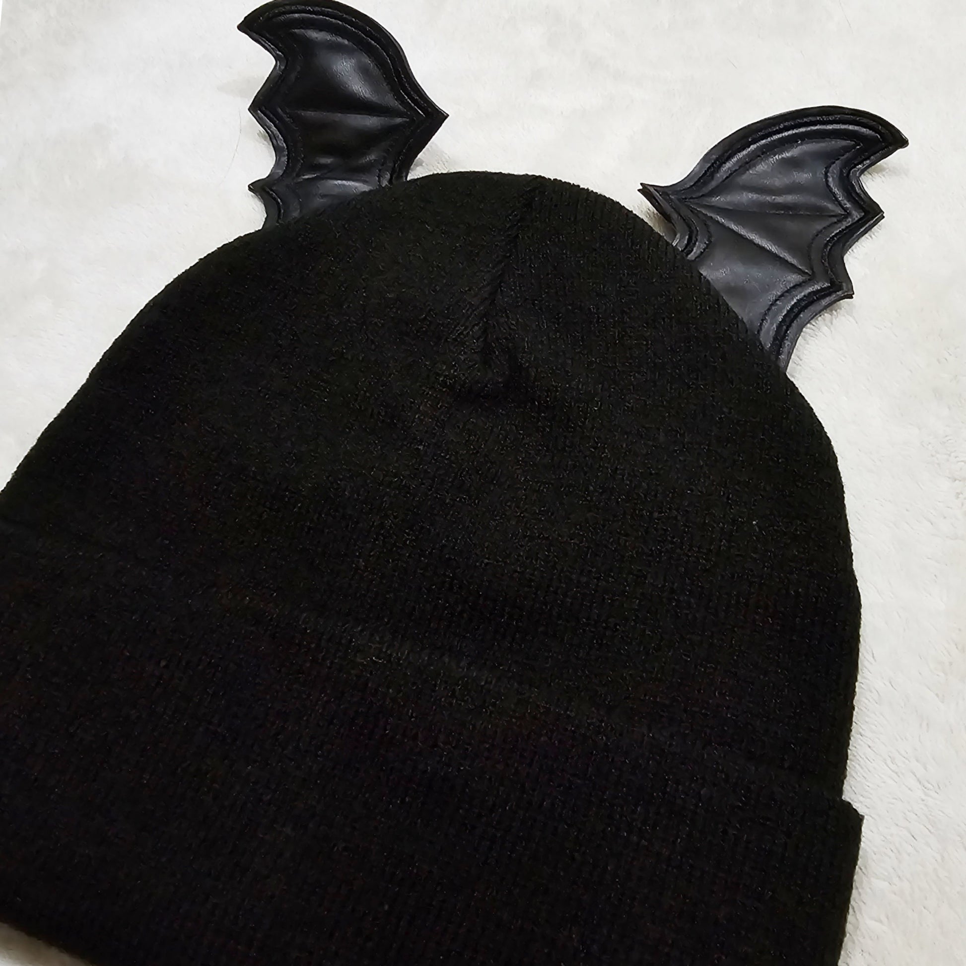 Bat Wing Beanie | Black Knit Folded Cuff Vegan Leather Wings - The Grave Girls - Beanies