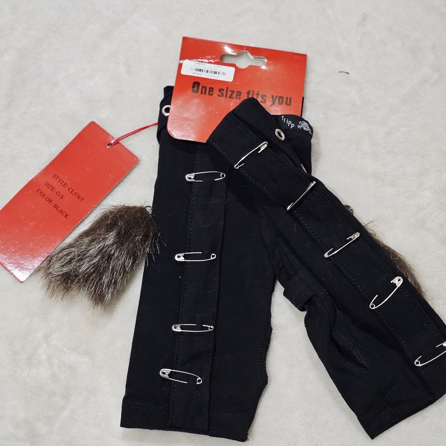 Tail Pin Arm Warmers | Black Brown Fingerless Gloves Grommet Straps Safety Pins Good Luck Tail - Tripp nyc - Arm Warmers
