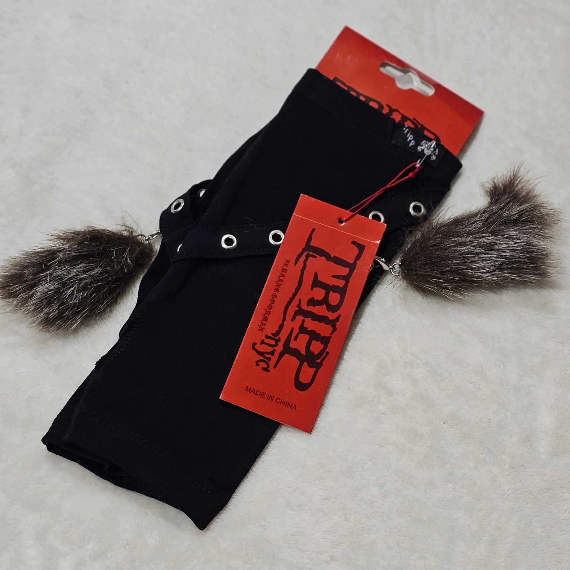 Tail Pin Arm Warmers | Black Brown Fingerless Gloves Grommet Straps Safety Pins Good Luck Tail - Tripp nyc - Arm Warmers