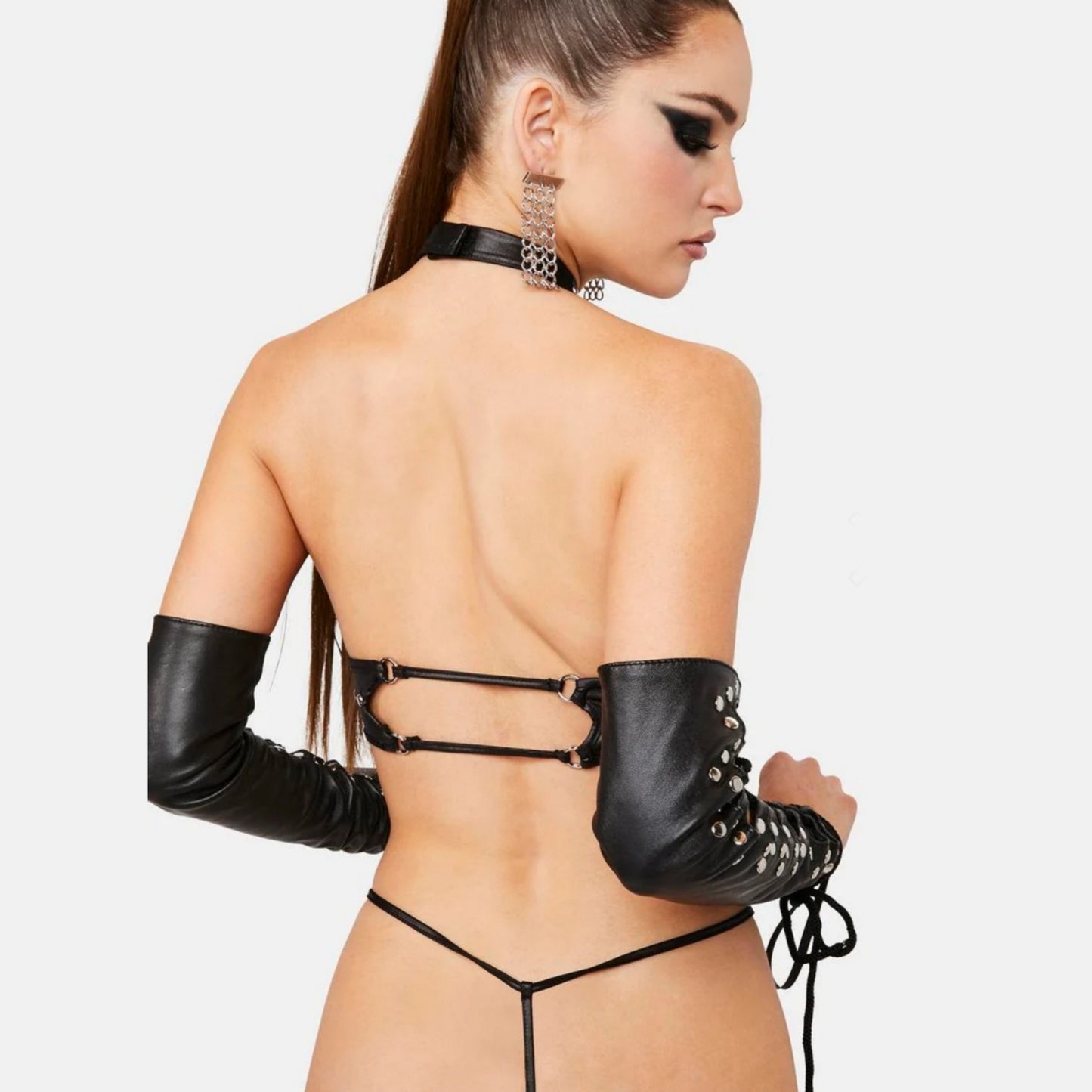 Dominate The Night Teddy | Black Vegan Leather Silver Stud Details - Magic Sllk - Lingerie