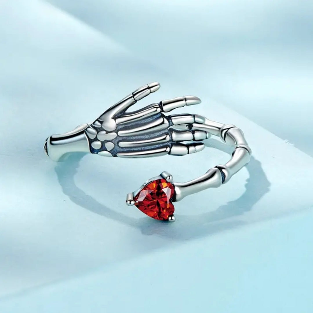 Skull Hug Ring | Sterling Silver Ruby Heart Shaped Crystal Wrap Around Style - A Gothic Universe - Rings
