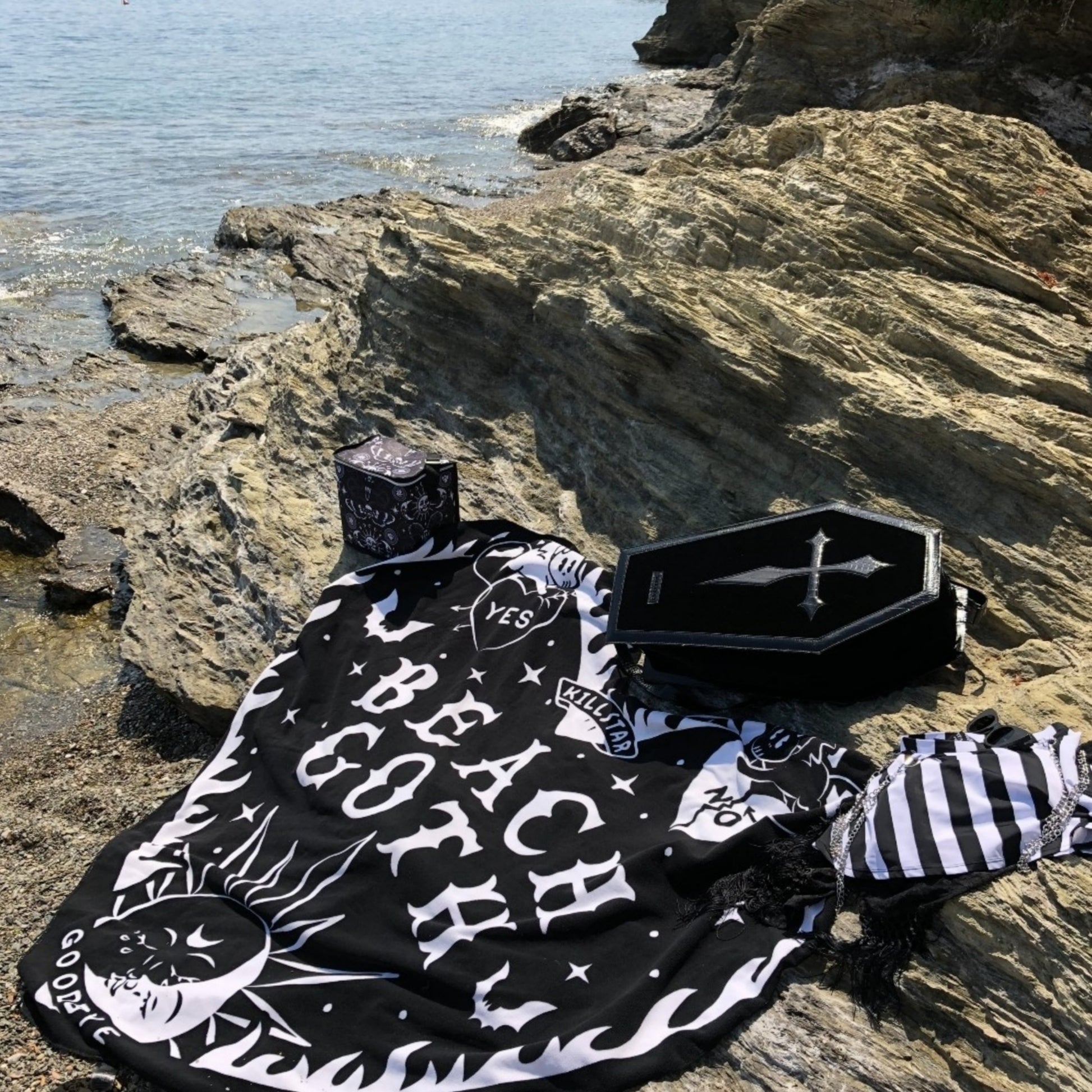 Beach Goth Heart Shaped Beach Towel | Black White Ouija Design - Killstar - Towels