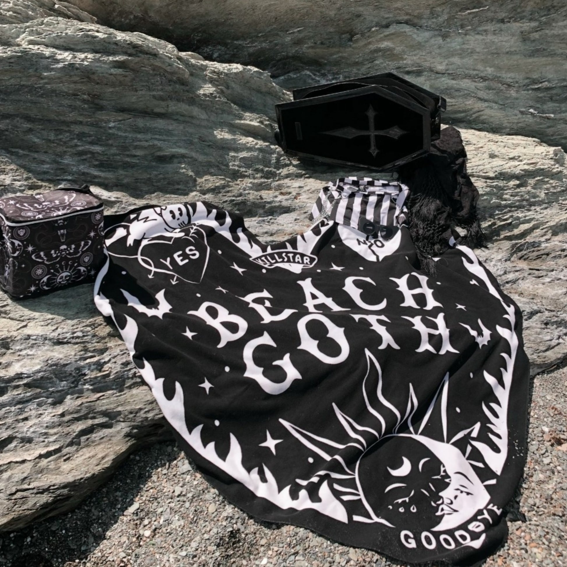 Beach Goth Heart Shaped Beach Towel | Black White Ouija Design - Killstar - Towels