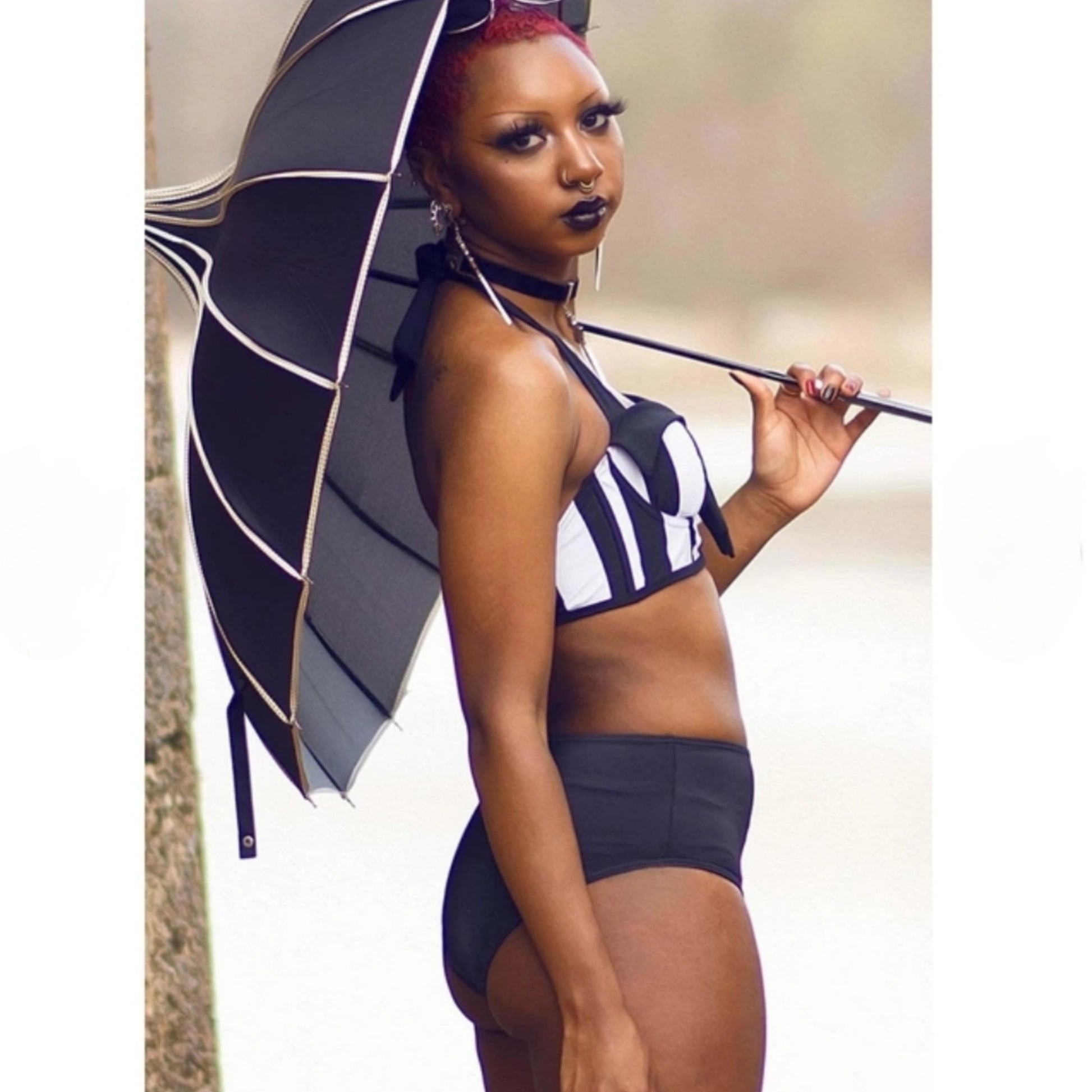 Possession Party Two-Piece Swimsuit | Black & White Statement Bustier Stripes - Killstar - Swimwear