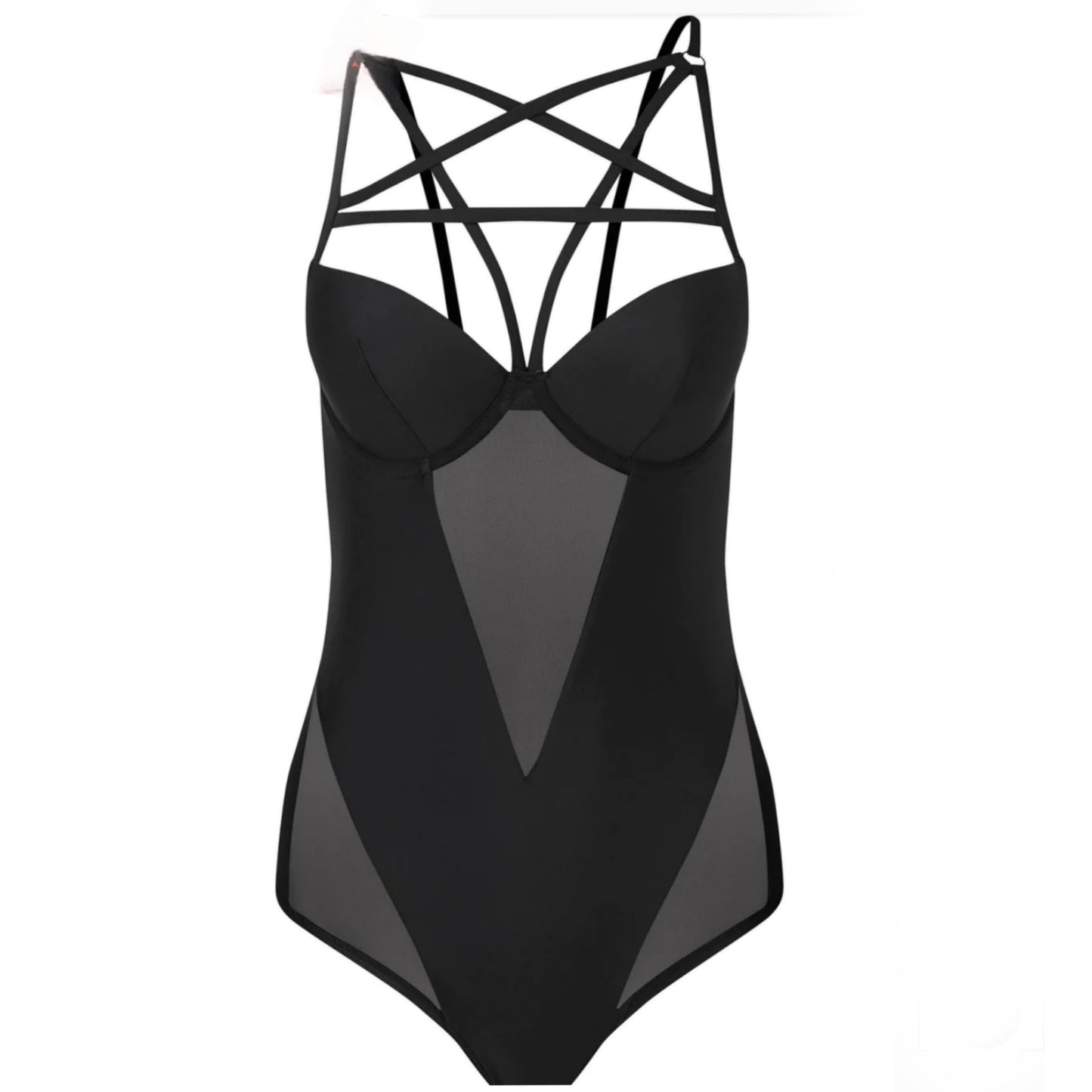 Sacred One Piece Swimsuit | Black Mesh Panels Pentagram Feature - Killstar - Swimwear