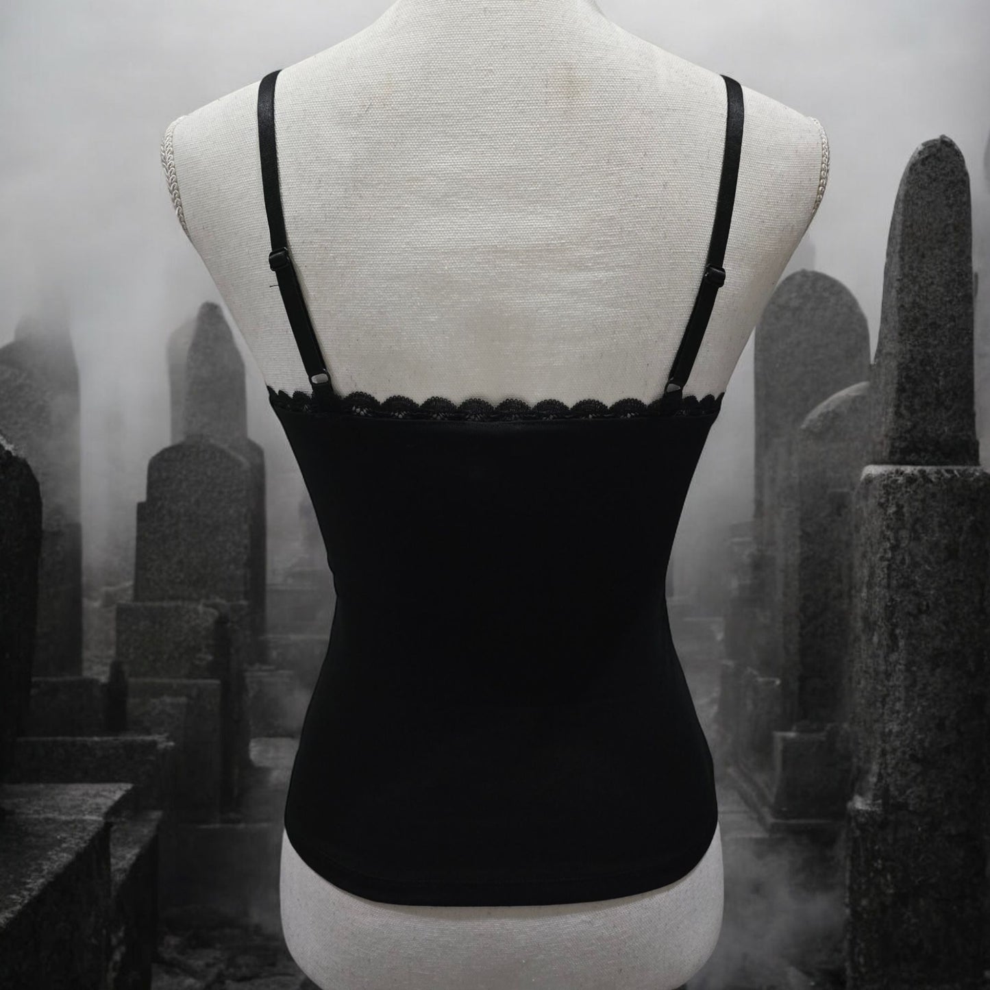 Black Spaghetti Strap Tank With Witch & Moon Design Lace Trim