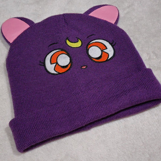 Sailor Moon Luna Purple Knit Hat With Cute Cat Ears & Embroidered Face