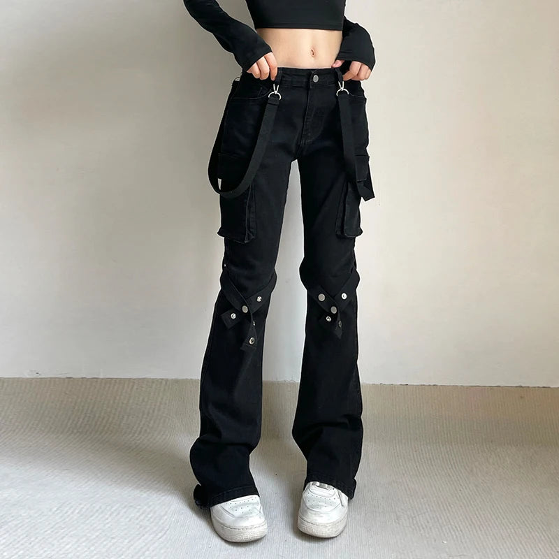 Shadow Veil Streetwear Trousers | Black Straps Pockets Pants - A Gothic Universe - Pants