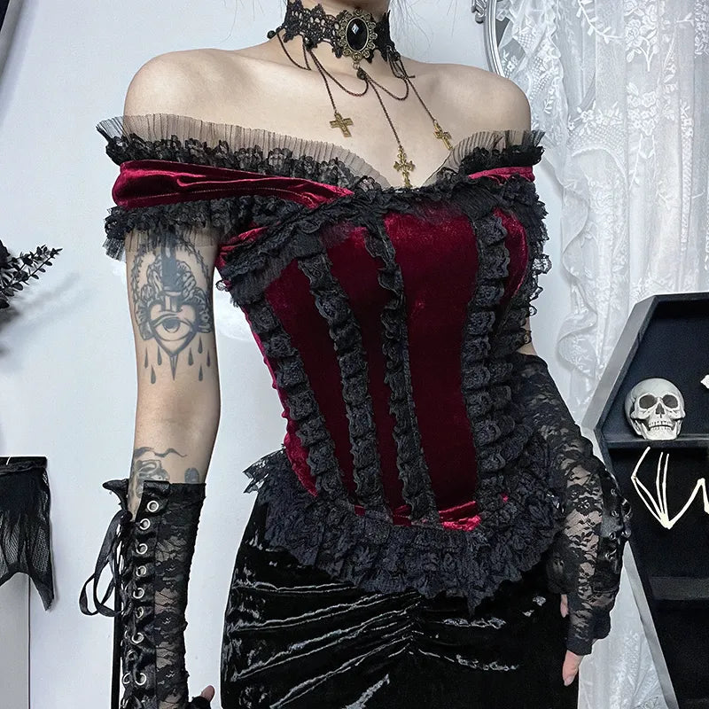 Crimson Elegance Corset Top | Lace, Velvet, and the Heartbeat of the Streets - A Gothic Universe - Tops