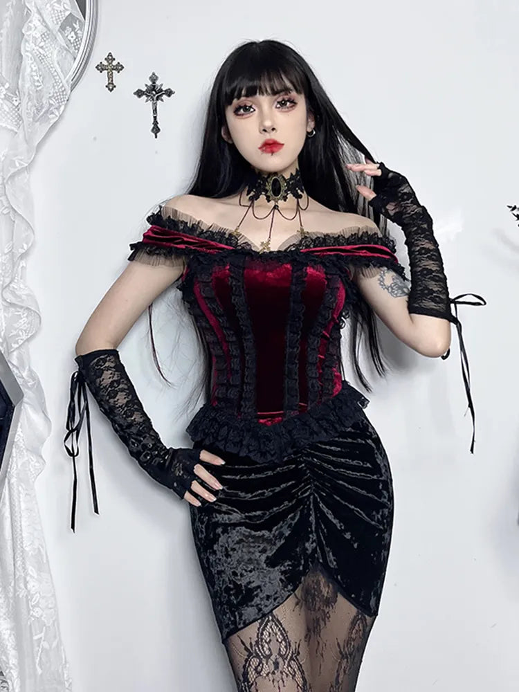 Crimson Elegance Corset Top | Lace, Velvet, and the Heartbeat of the Streets - A Gothic Universe - Tops