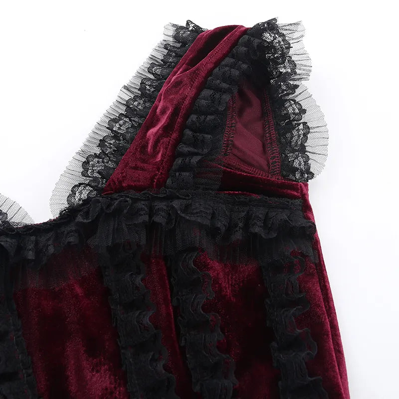 Crimson Elegance Corset Top | Lace, Velvet, and the Heartbeat of the Streets - A Gothic Universe - Tops