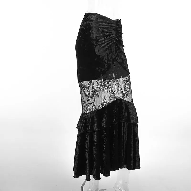 Velvet Mermaid Maxi Skirt | Black | Sexy Cinched Front Floral Lace Cut-Out Pattern - A Gothic Universe - Dresses