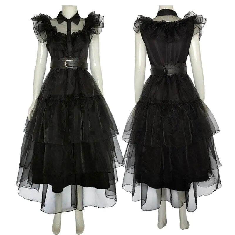 Wednesday Addams Cosplay Dress | Carnival Party | Black Belt Ruffle Sleeves - A Gothic Universe - Dresses