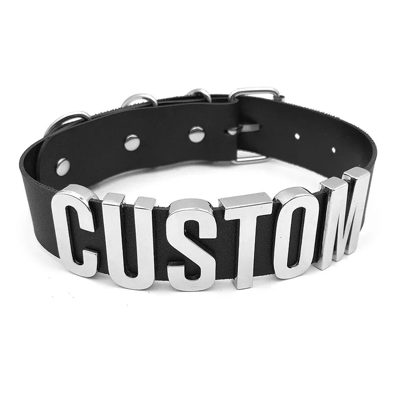 Leather Buckle Collar | Silver Lettering & Closure Hardware Unisex - A Gothic Universe - Chokers