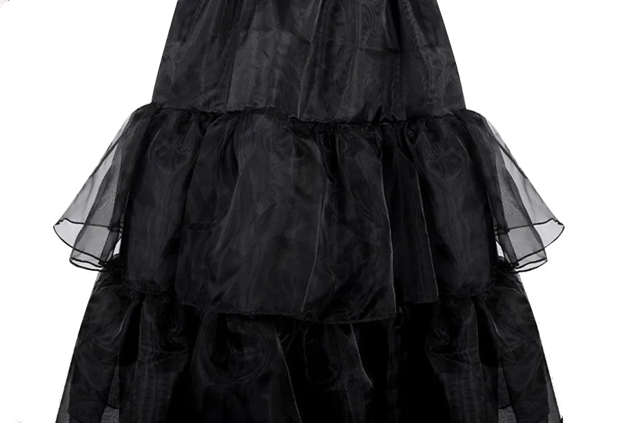 Wednesday Addams Cosplay Dress | Carnival Party | Black Belt Ruffle Sleeves - A Gothic Universe - Dresses
